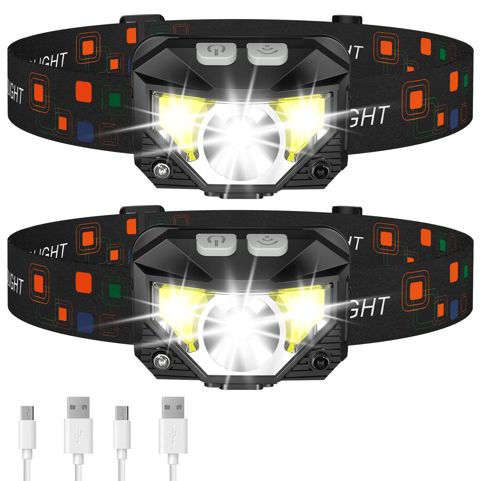 2-Pack Waterproof Motion Sensor Head Lamp,8 Modes for Outdoor Camping Running Hiking Fishing