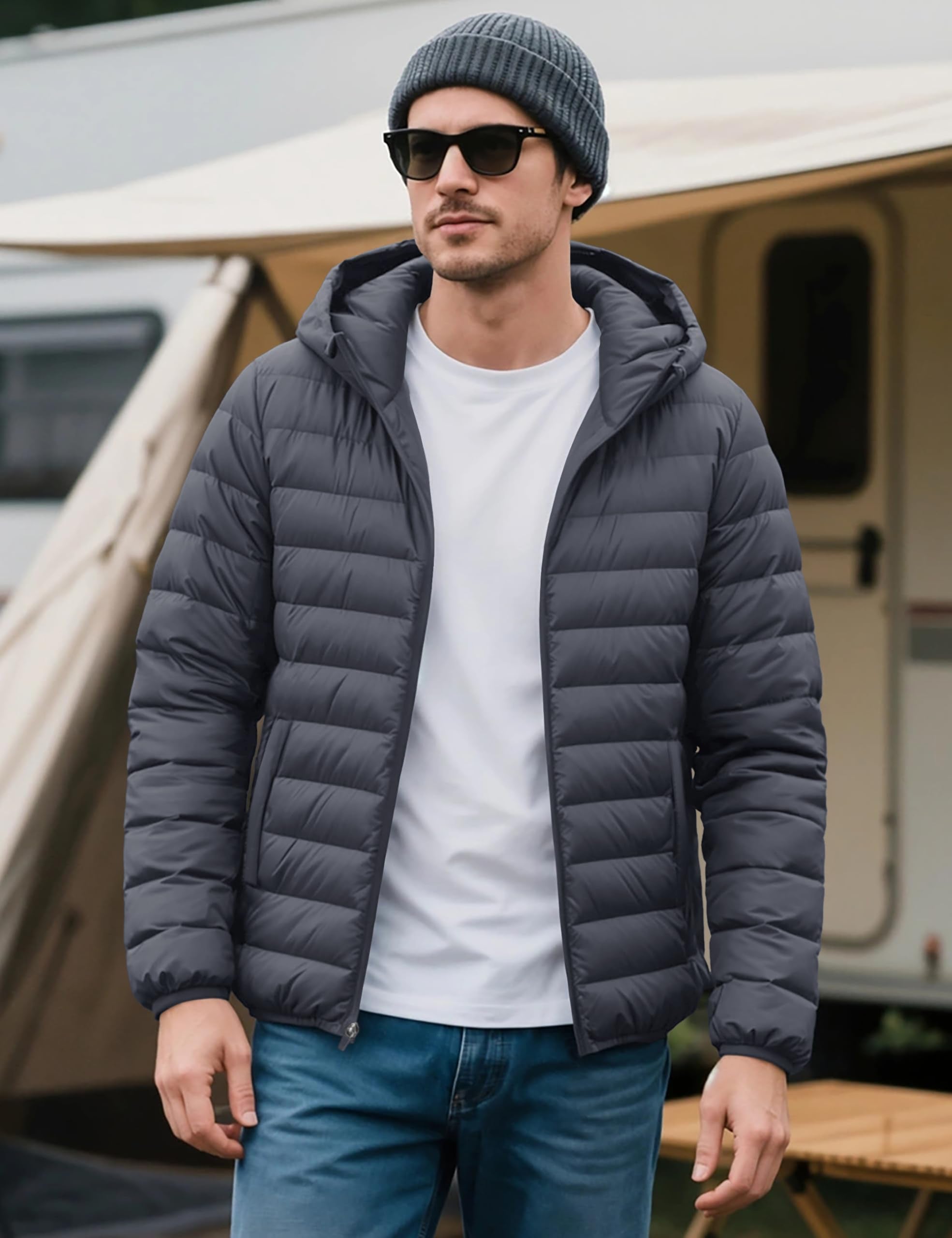 "Men's Lightweight Waterproof Hooded Puffer Jacket"