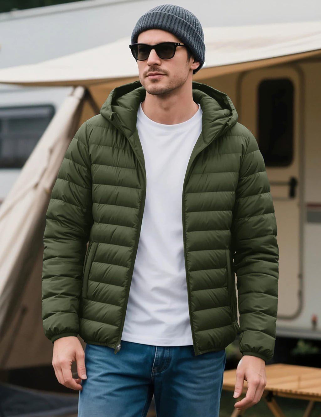 "Men's Lightweight Waterproof Hooded Puffer Jacket"