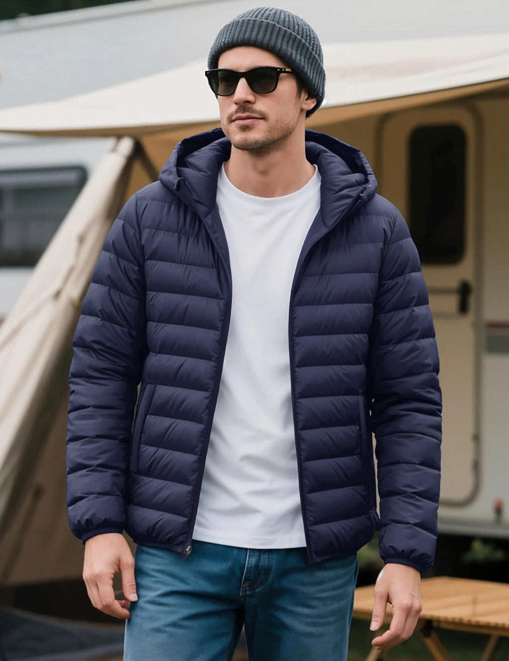 "Men's Lightweight Waterproof Hooded Puffer Jacket"