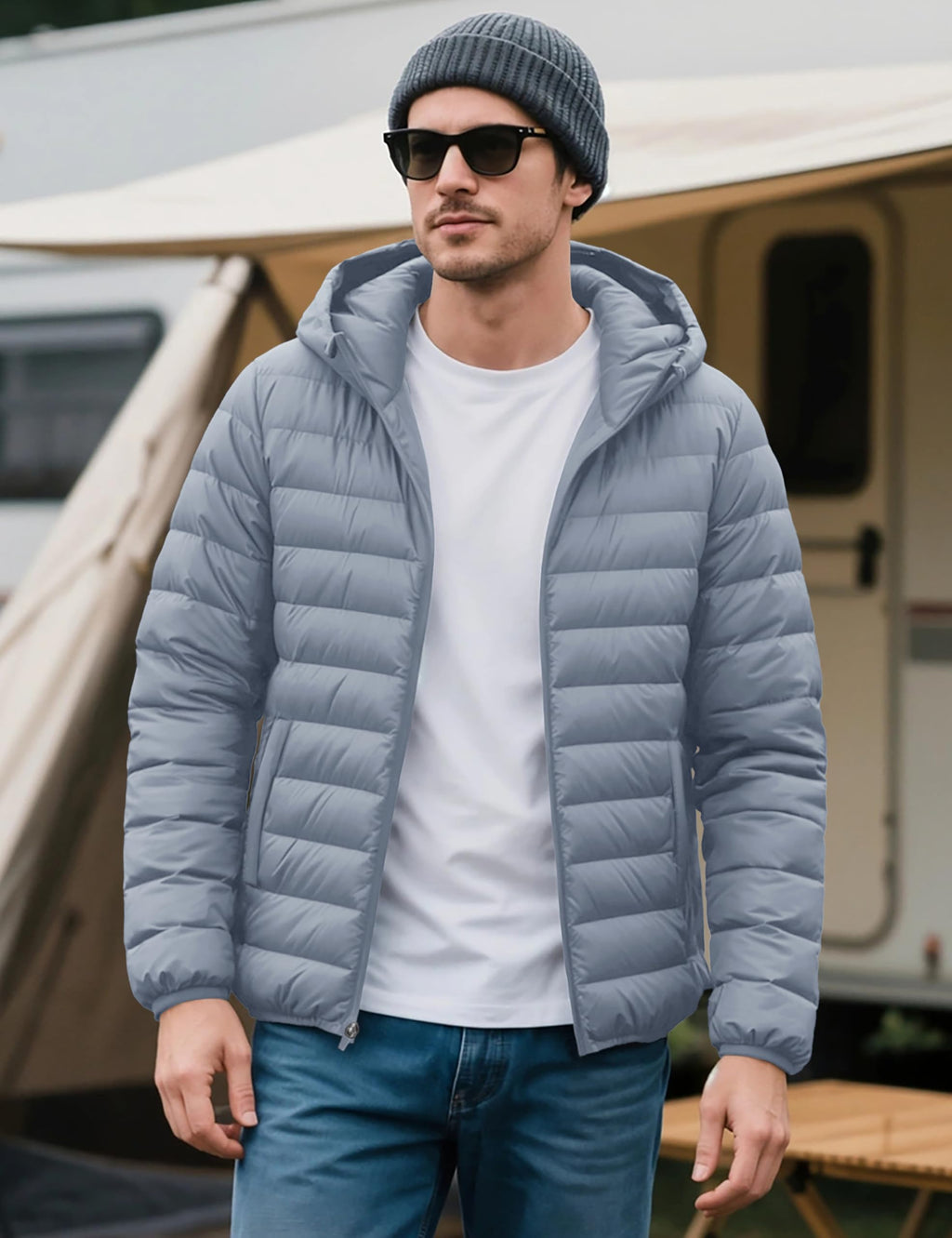 "Men's Lightweight Waterproof Hooded Puffer Jacket"