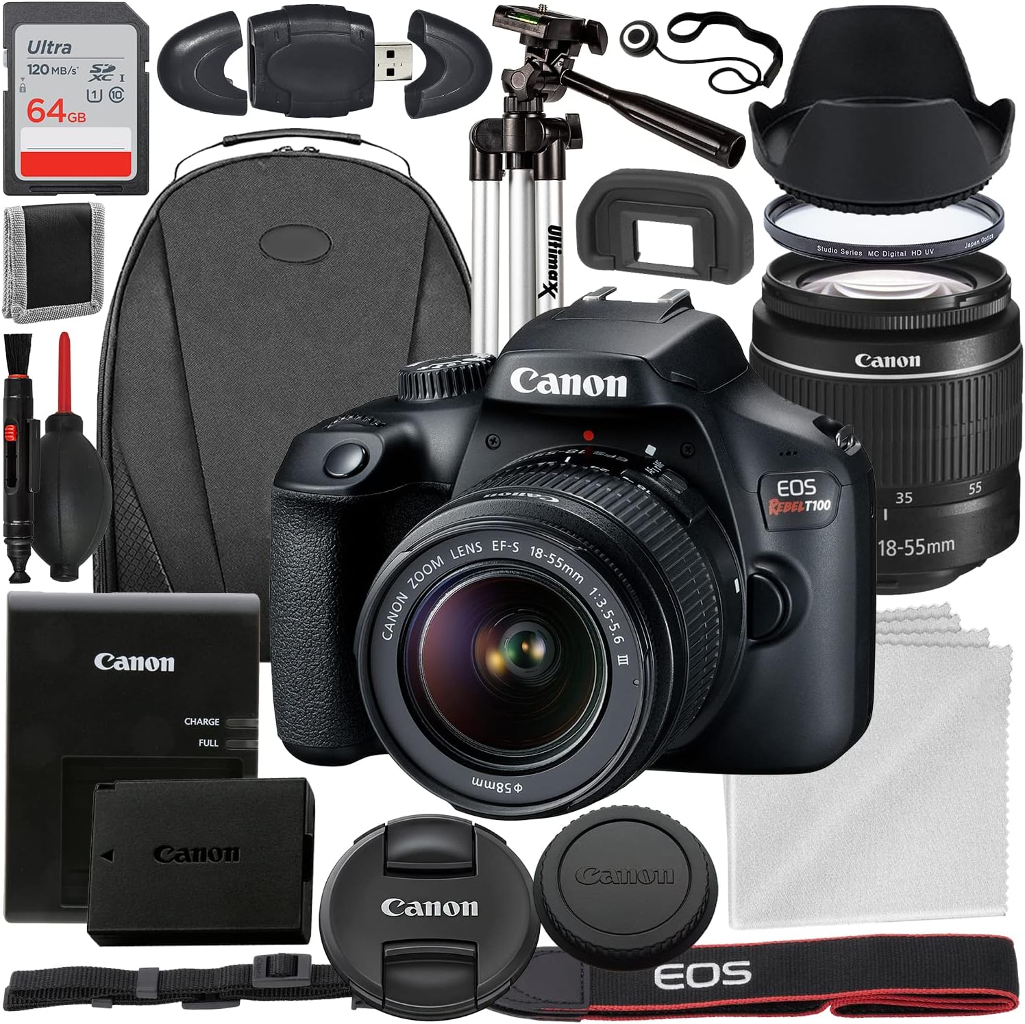 Canon EOS Rebel T100 DSLR Camera Bundle - 18-55mm Lens + 18pc Accessory Kit
